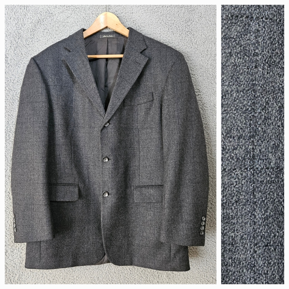Oscar De La Renta Men's Gray Wool Blazer 42R 44 Plaid 3-Button Jacket Sport Coat